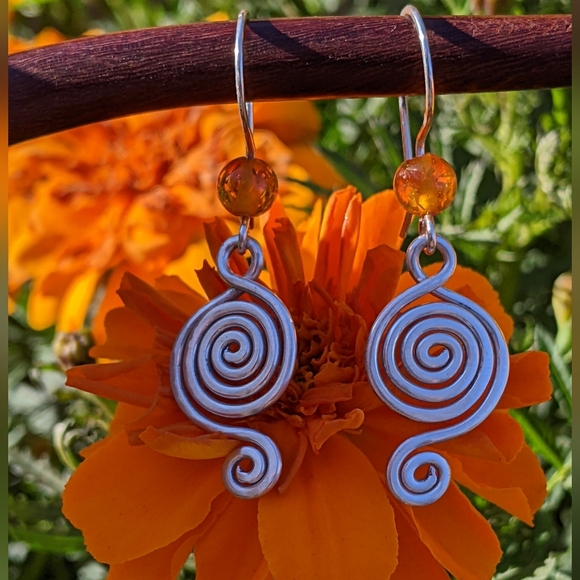 Sterling Silver Baltic Amber Earrings Tribal Spiral Metallic Statement - Picture 12 of 16